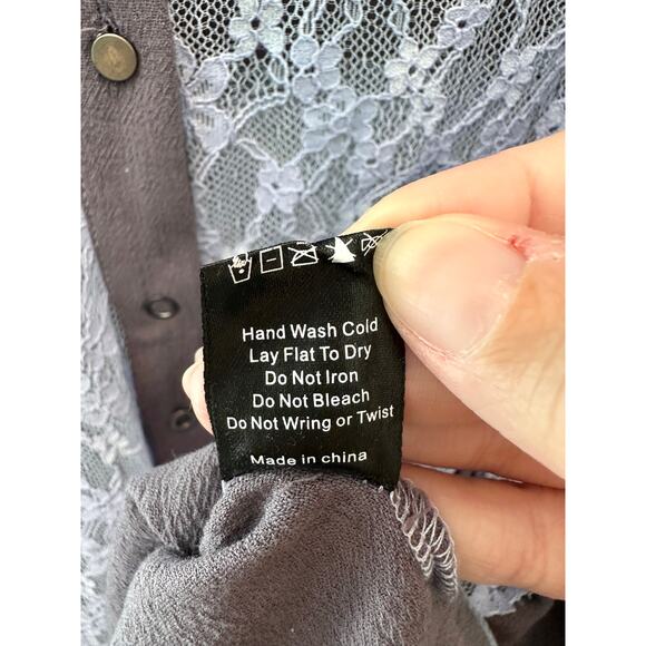 POL | Boho Lavender Lace Button Up Shirt Ruffle Trim Sheer Romantic Top | Large - Picture 9 of 9